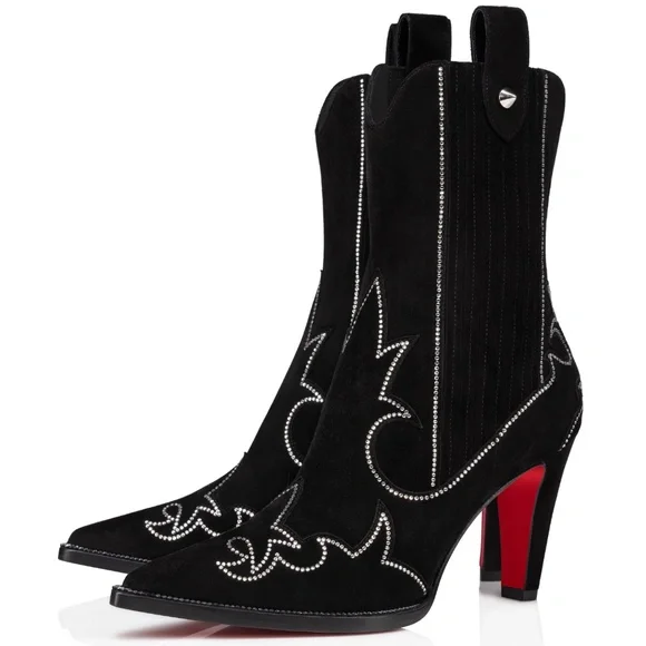 Christian Louboutin Santigag Strass 85 Black Suede Western Ankle Heel Boot 40 - Picture 1 of 16